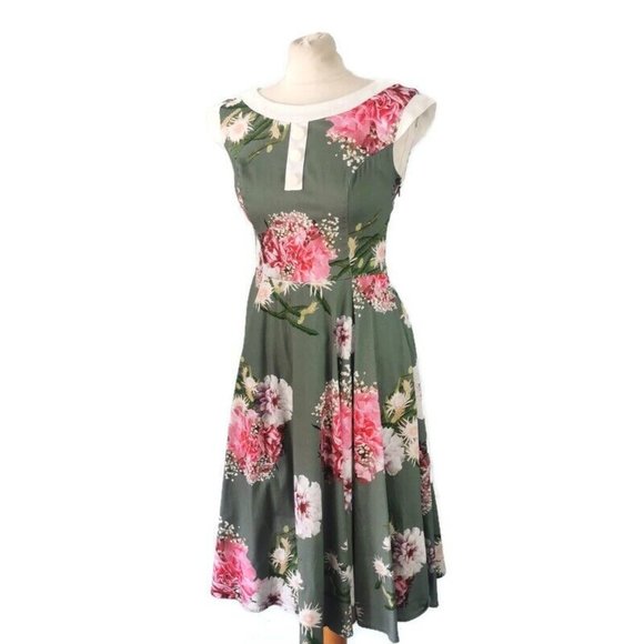 HEARTS & ROSES Floral Hepburn Dress Fit Flare 50s Fifties Wedding Party UK 10 - Picture 3 of 9